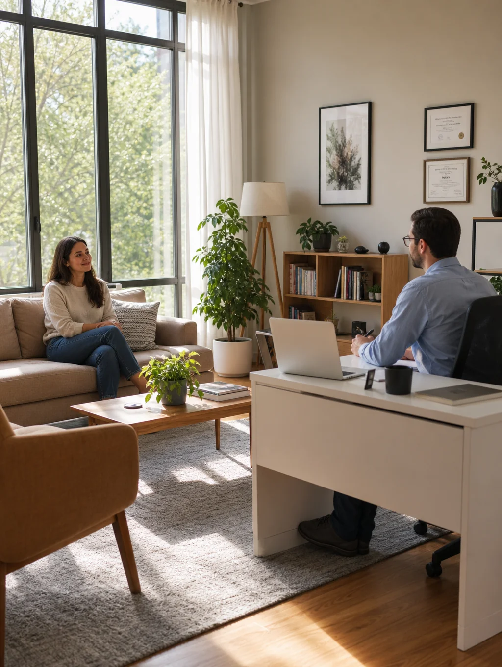 Calm, sunlit therapy office with comfortable seating and soft, natural decor